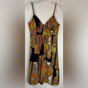 Trina Turk Mod Abstract Bright Silk 8 Black Orange Strappy Slip Dress 1082